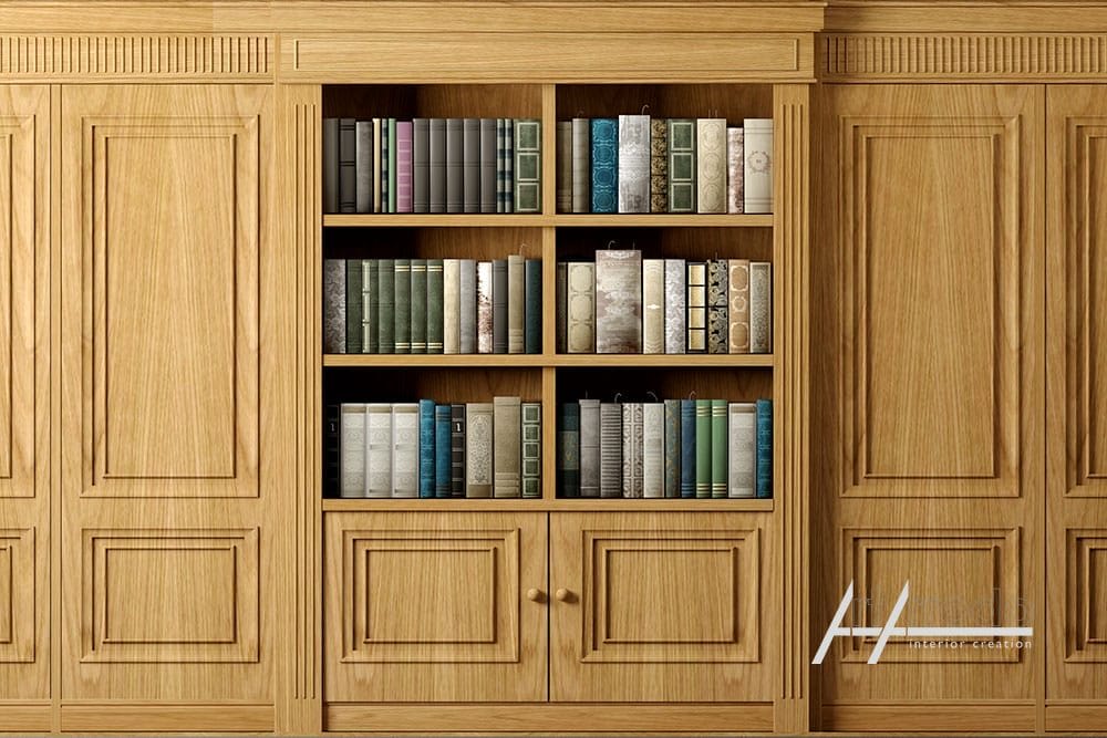 Una grande libreria in legno, su misura, con armadi chiusi sotto e scaffali pieni di libri vari sopra.