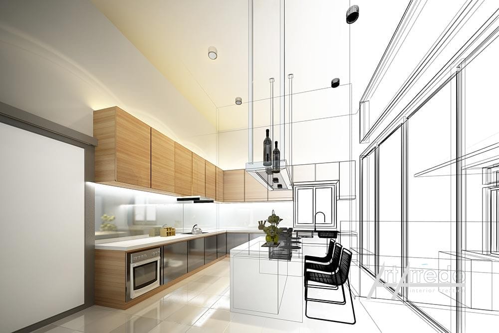 Il design moderno di "Cucine su Misura" passa da uno schizzo 3D dettagliato a un rendering realistico, caratterizzato da mobili in legno ed eleganti controsoffitti bianchi.